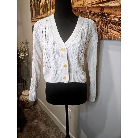 Pink Rose White Cable Knit Button-Up Cardigan Sweater - Picture 1 of 5